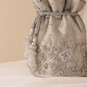 Embroidered Silver Potli Bag: French Knot Zardozi Art Deco Bridal Purse