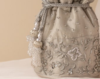 French Knot Zardozi Embroidered Elegant Silver Drawstring Round Purse Bag, Bridal Wedding Potli Bag, Art Deco Purse with Bead Handle