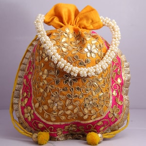 Traditional Indian Handmade Women's Golden Gota Patti Work Potli Bag ...