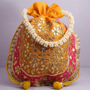 Traditional Indian Handmade Women&#39;s Golden Gota Patti Work Potli Bag || Handbags For Return Gifts || Wedding Giveaways
