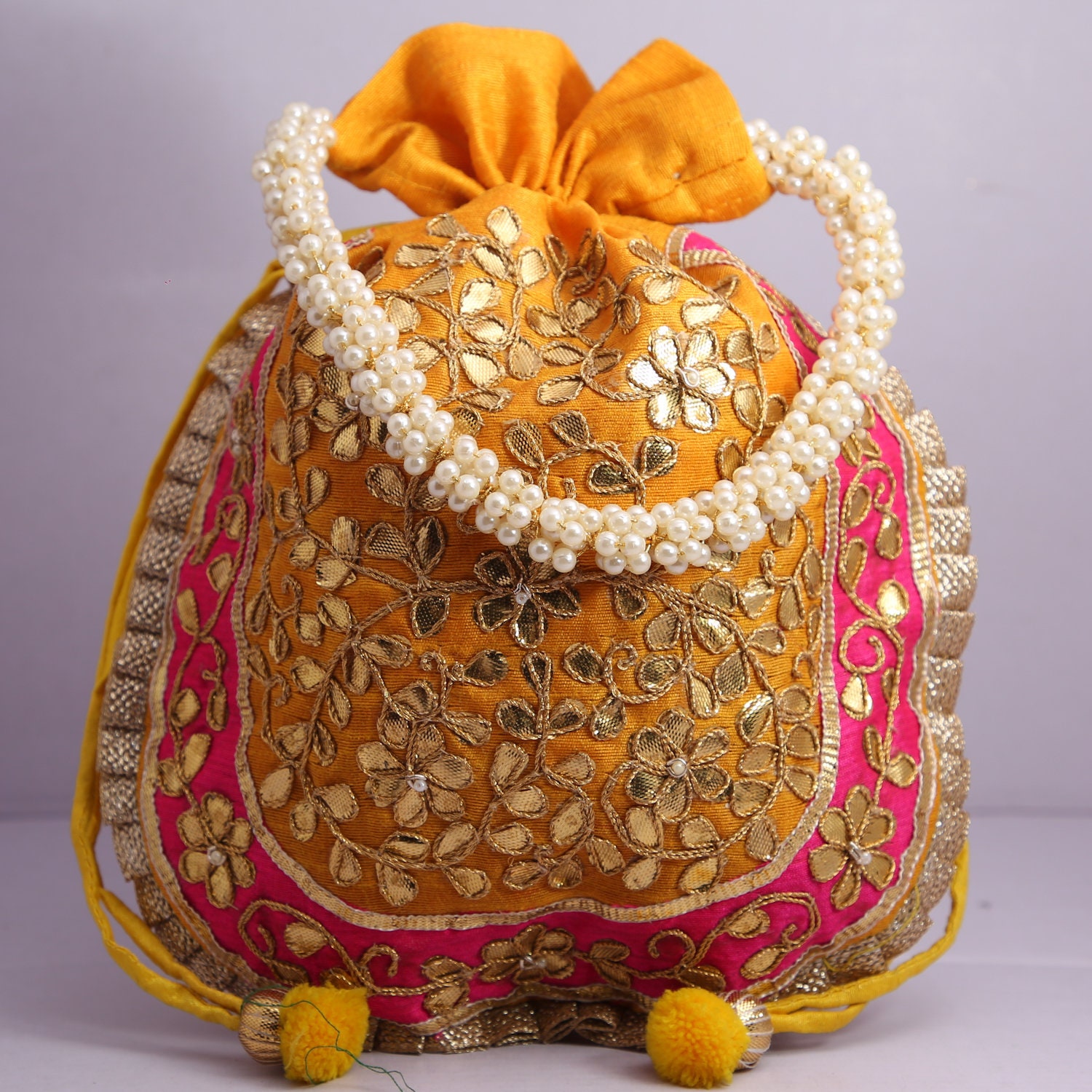 Heart Home Hand Bag|Sequins Silk Embroidery Purse|Traditional Indian Handmade Shoulder Bag with Golden Handle (Pink)
