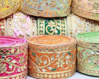 3" Wide Gota Embellished Indian Gold Zari Embroider Wedding Sash Dupatta Sari Lace Trim Wedding Saree Trimming & Edging Crafting Border