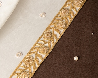 Golden Zardozi Sequin Sari Border Lace Trim: Hand Embroidered Indian Ribbon