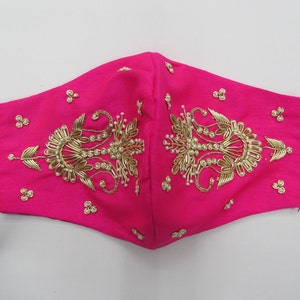 beautiful bridal fuchsia pink zardosi pearl embroidered embellish face mask | indian wedding guest women face mask | party wear face mask