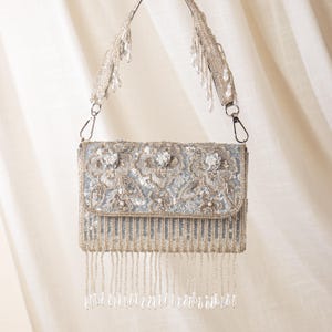 Pailletten Perlen Brauttasche: Grau Silber Kristall Abendtasche