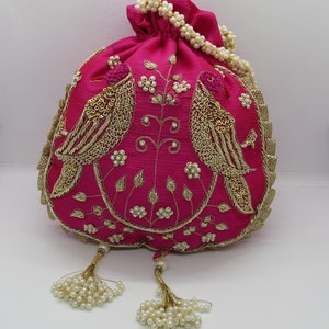 Embroidered Bird Silk Potli Bag: Indian Wedding Favor Handbag