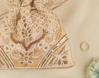 Floral Embroidered Silk Potli Bag: Indian Wedding Favor Purse
