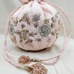 silver flower thread embroidered golden zardosi sequin beaded pink wedding evening bag | designer inspired handbag 20s