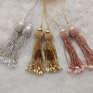 4inch bling cylindrical glass bead with pearl dropping hanging tassel | embellishing tassel for occasion outfits, purses, decorative items
