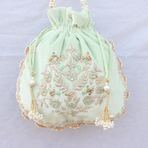 Light Golden Zardozi Embroidered Pistachio Green Velvet Money Dance Bag for Wedding, Bride Bridesmaids Gift Bag, Subtle Drawstring Purse Bag