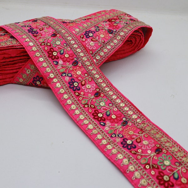 Bordure brodée à paillettes en fil par mètre, embellissements de draperies, chapeaux, sac, Saree, ruban décoratif, artisanat, couture, bordure Sari de 7,6 cm de large