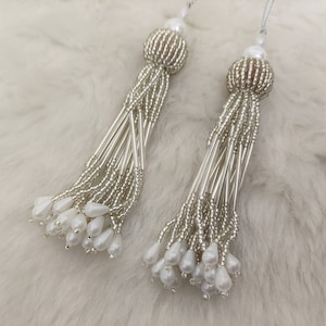 4inch bling cylindrical glass bead with pearl dropping hanging tassel embellishing tassel for occasion outfits, purses, decorative items Silver