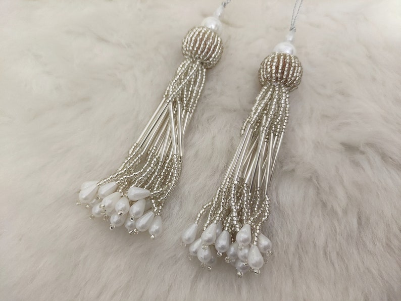 4inch bling cylindrical glass bead with pearl dropping hanging tassel embellishing tassel for occasion outfits, purses, decorative items Silver