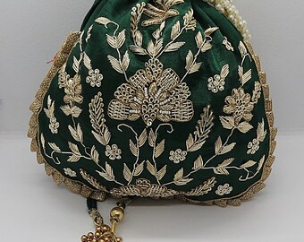 Zardosi Embroidered Silk Potli Bag: Indian Wedding Favor Handbag