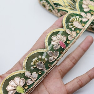 Golden Gota Patti Zari Pearl Embroidered Indian Green Sari Tissue Fabric Lace Bordados | Indian Wedding Dress Accessory Crafting Sewing Trim