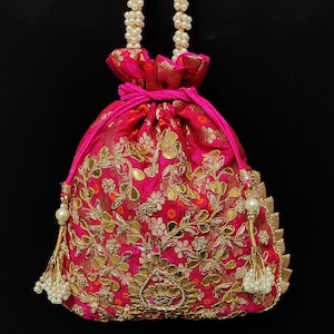 Rani Pink Embroidered Potli Bag: Indian Wedding Favor Purse