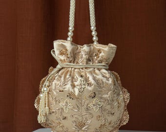 Zardozi Embroidered Art Deco Potli Bag: French Knot Wedding Purse