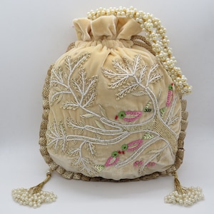 beautiful bird embroidered zardosi sequin beaded cream velvet fabric handbag potli bag for woman | handmade woman velvet fabric purse
