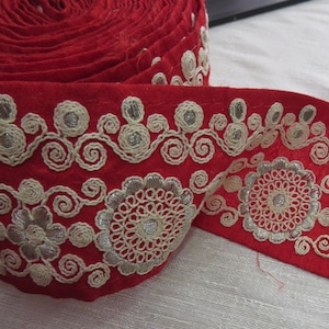 Decorative Off White & Silver Embroidered Red Fabric Trim Lace Border For Costume Cushions Belt Crafting Decorative Items