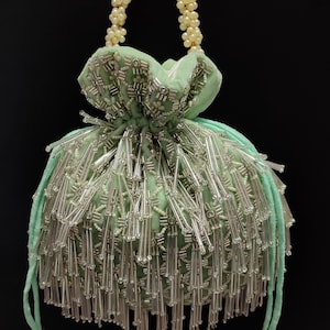 bling silver tube light embroider bead purse pistachio green evening bag | hand bag for woman designer drawstring bag velvet pouch