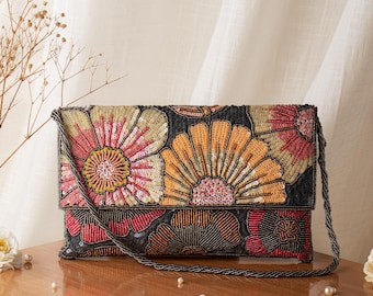 Hand Embroidered Floral Clutch: Sequin Beaded Wedding Purse