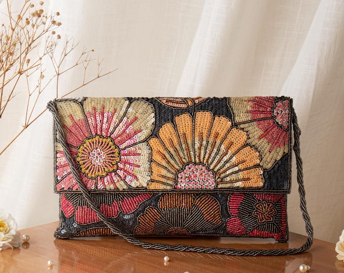 Hand Embroidered Floral Clutch: Sequin Beaded Wedding Purse