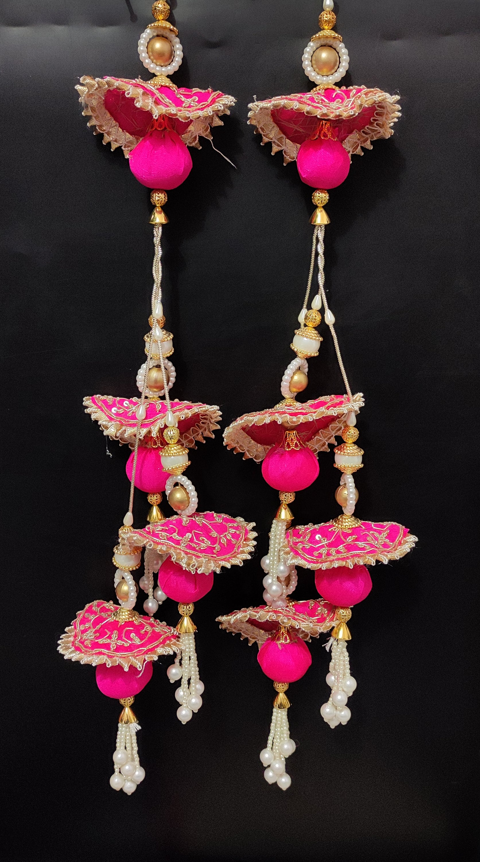 Fuchsia Pink Pearl Beaded Tassel: Zardosi Embroidered Dupatta Latkan, 12" (Set of 2)