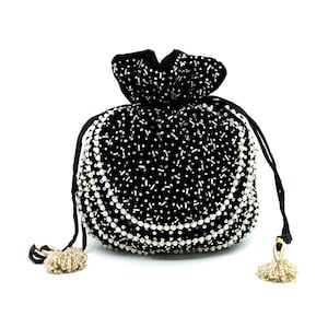 evening indian embroidered women&#39;s drawstring bag 10” x 8” size, cocktail party woman black velvet purse wallet with beaded pearl handle