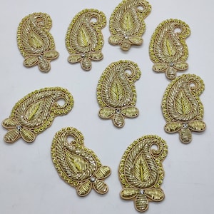 Golden Zardosi Embroidered Paisley Applique: Sew On Patch (2.25 Inches)