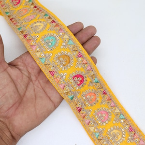 2.5Inches Decorative Sequin Thread Embroider Indian Mustard Sari Silk Dupatta Border, Costume Trimming Edging Embellishment Ribbon Lace