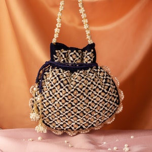 Pearl Sequin Beaded Navy Velvet Potli Bag: Indian Wedding Favor Handbag