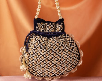 Perle Pailletten Perlen Marine Samt Potli Tasche : Indische Hochzeit Gunsten Handtasche