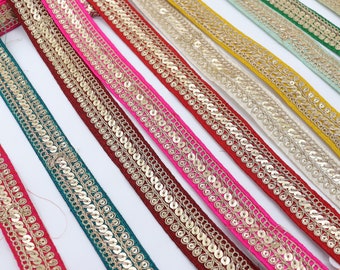 Gold Sequin Zari Silk Fabric Trim: Indian Beaded Border Lace