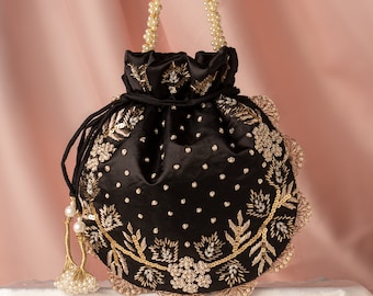 Zardosi Embroidered Black Satin Potli Bag: Indian Wedding Purse