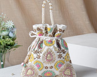 Floral Embroidered Potli Bag | Indian Wedding Pearl Purse