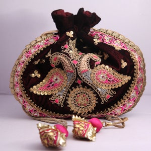 Dark Reddish Velvet Evening Bag, hand embroidery, handmade, bridal potli, wedding bag, designer potli, handbag
