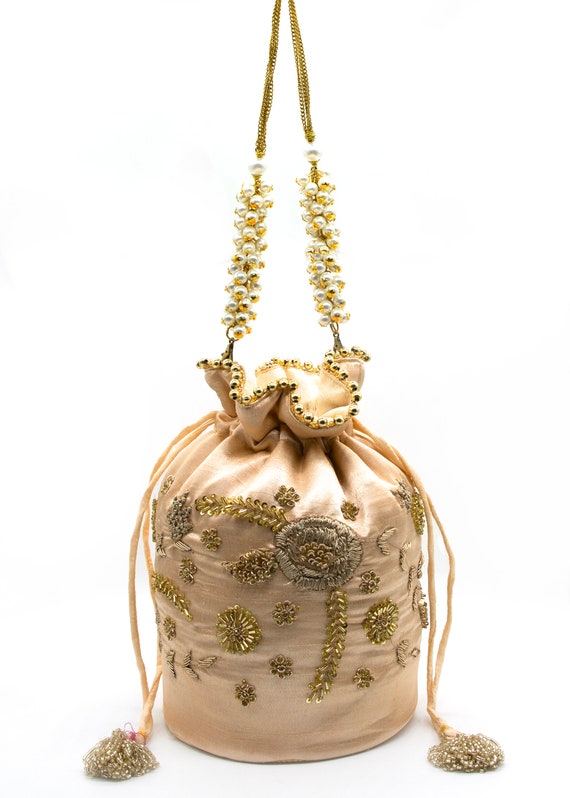 Blume indischer Kunstler zardosi Stickbeutel Gold Metallic Verzierung Hochzeit Potli Tasche goldene Art Deco Kordelzug Portemonnaie Geldborse Handtasche Etsy
