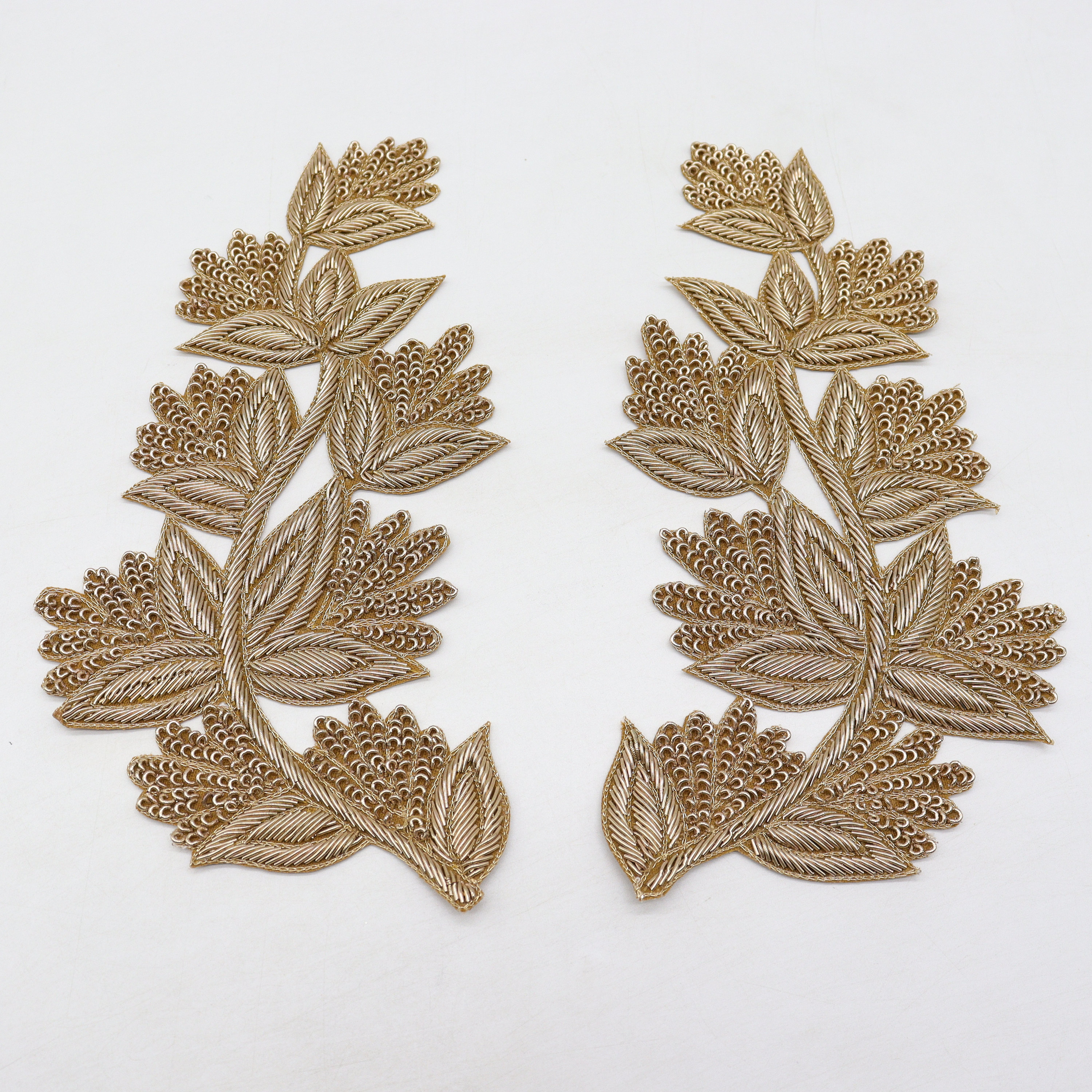 Gold Zardosi Embroidered Leaf Applique Patches: Indian Garment