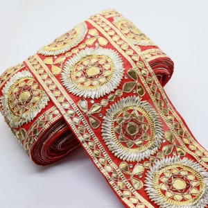 4.5Inch Wide Beautiful Gota Patti Embellish Red Sari Dupatta Sewing Edging Lace Border By The Yard  Indian Embroidered Crafting DIY Ribbon