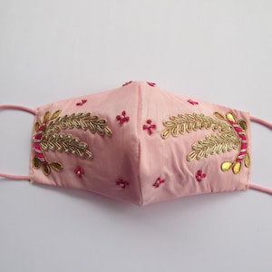 beautiful golden leaf texture with pink flower thread embroider face mask | pink silk fabric mask for wedding | indian bridal work face mask