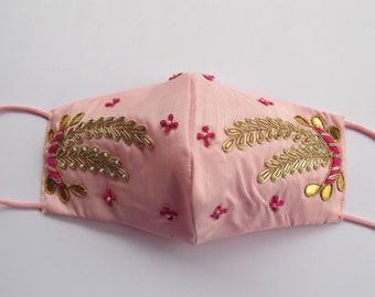 beautiful golden leaf texture with pink flower thread embroider face mask | pink silk fabric mask for wedding | indian bridal work face mask