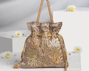 Zardozi Lotus Potli Bag: Beaded Copper Tissue Silk, Indian Wedding Accessory