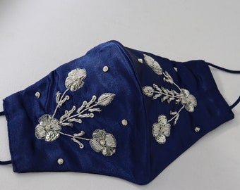 n.blue artisan handmade floral texture silver zardosi embroidered beaded sequin silk fabric face mask for woman | designer wedding face mask