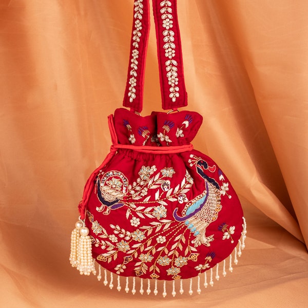 beautiful art deco peacock hand embroidered velvet drawstring purse, woman luxury evening purse bag, indian bridal potli bag for wedding