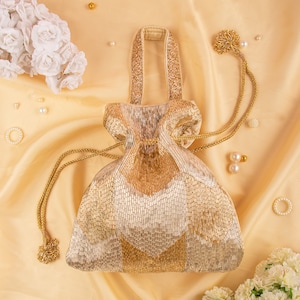 Bling Gold Silver Bead Embroidered Bridal Hanbag, Designer Hand Work Potli Bag For Wedding, Ladies Evening Drawstring Bag Cocktail Purse