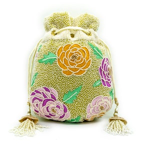 beautiful floral embroidered with pearl beading pear green velvet beach bag drawstring purse for woman art deco beaded handbag gift for her