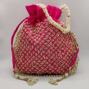 rani pink silk fabric sequin motif beaded designer inspired handbag for woman | beautiful wedding pouch purse bag with beaded chain
