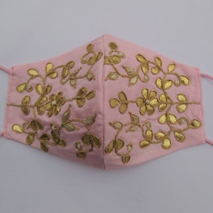 Pink Silk Face Mask: Golden Gota Patti Indian Wedding Bridal Party