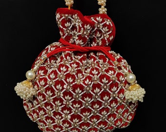 Roter Samt Perlen Potli Tasche: Art Deco Hochzeit Geldbörse