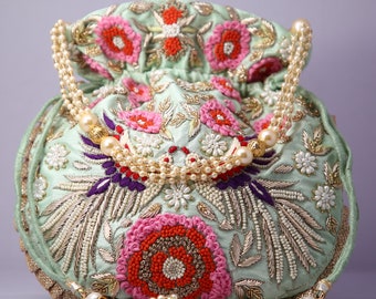Wedding Potli Bag: Handcrafted Silk Evening Bag with Beaded Chain